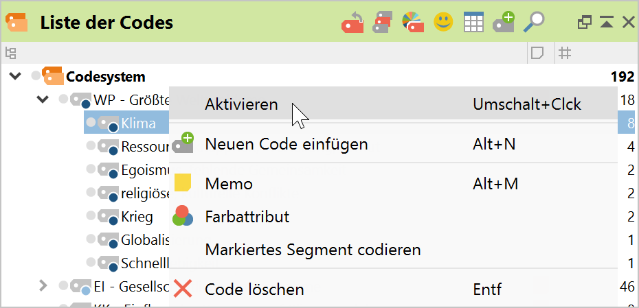 Code aktivieren mit Hilfe des Kontextmenüs Code aktivieren mit Hilfe des Kontextmenüs