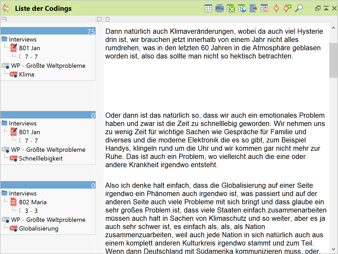 Gefundene Segmente im Fenster „Liste der Codings“ Gefundene Segmente im Fenster „Liste der Codings“