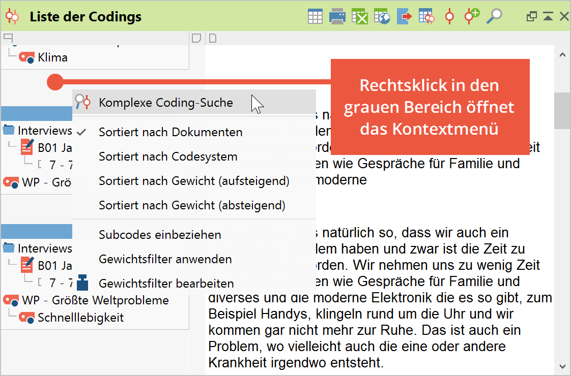 Kontextmenü im Fenster „Liste der Codings“ Kontextmenü im Fenster „Liste der Codings“