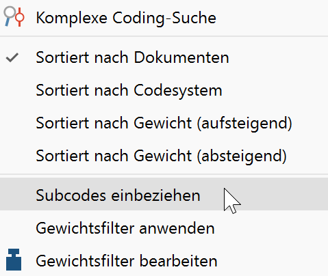 Die Option „Subcodes einbeziehen“ im Kontextmenü der „Liste der Codings“ wählen Die Option „Subcodes einbeziehen“ im Kontextmenü der „Liste der Codings“ wählen