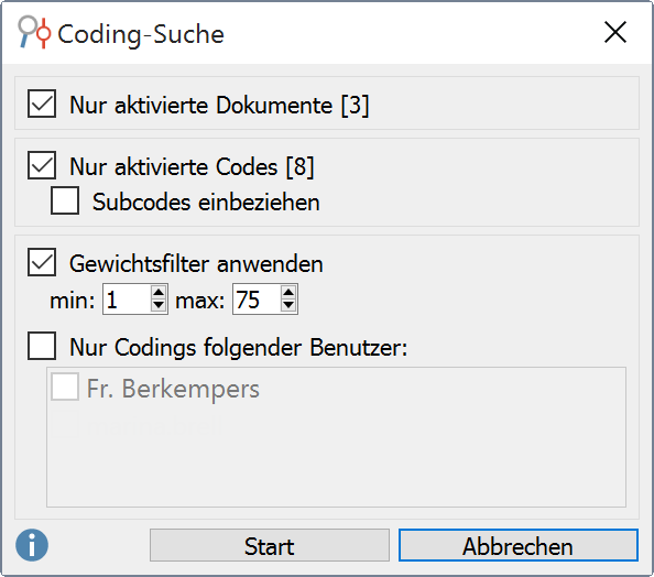 Fenster „Coding-Suche“ Fenster „Coding-Suche“
