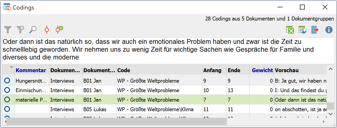Das zweigeteilte Fenster der „Übersicht Codings“ Das zweigeteilte Fenster der „Übersicht Codings“