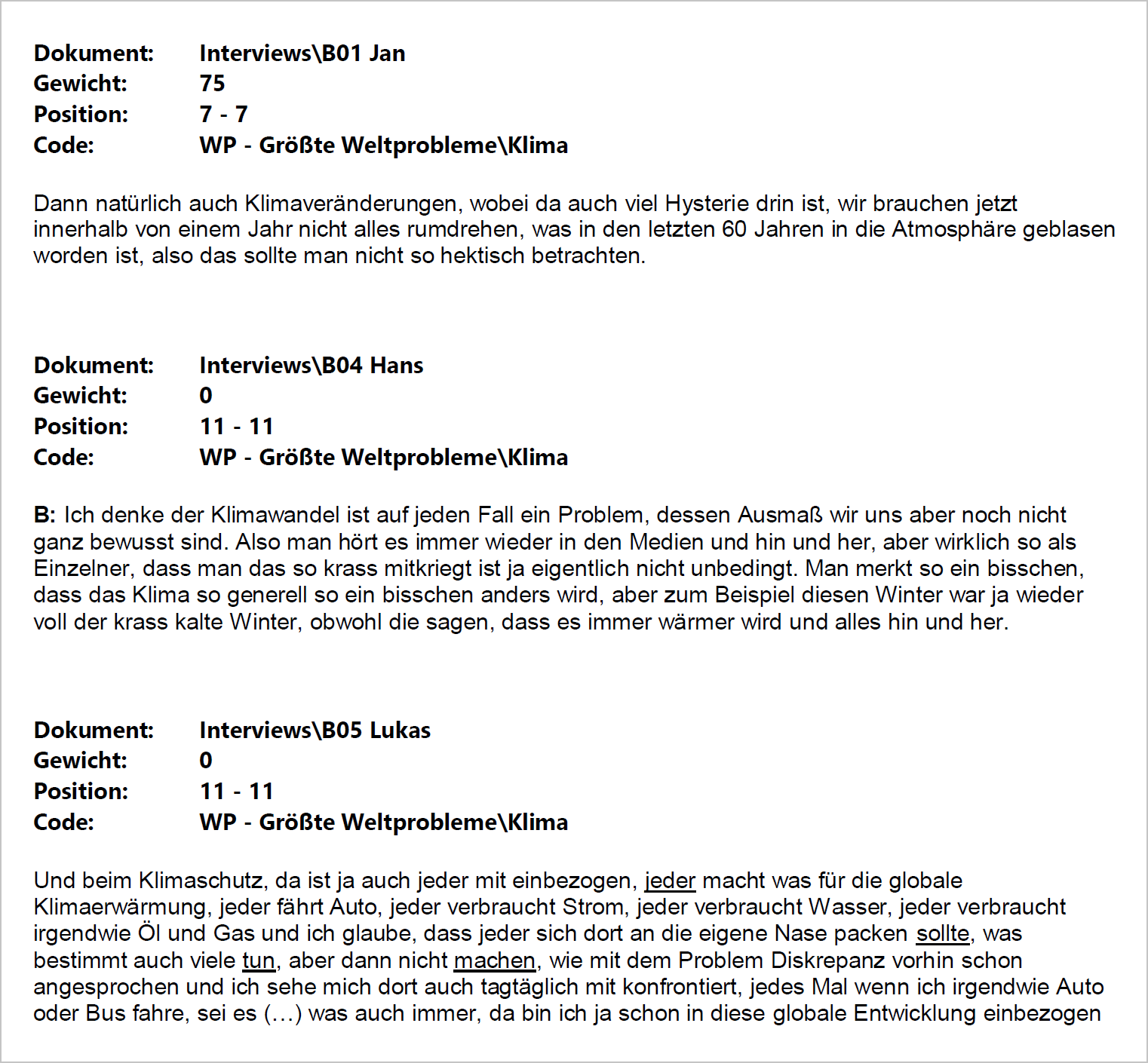 Ausdruck der „Liste der Codings“ (Auszug) Ausdruck der „Liste der Codings“ (Auszug)