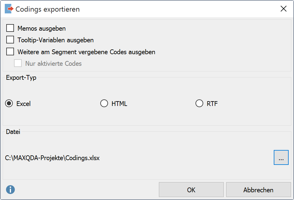Optionen für den Export der Codings Optionen für den Export der Codings