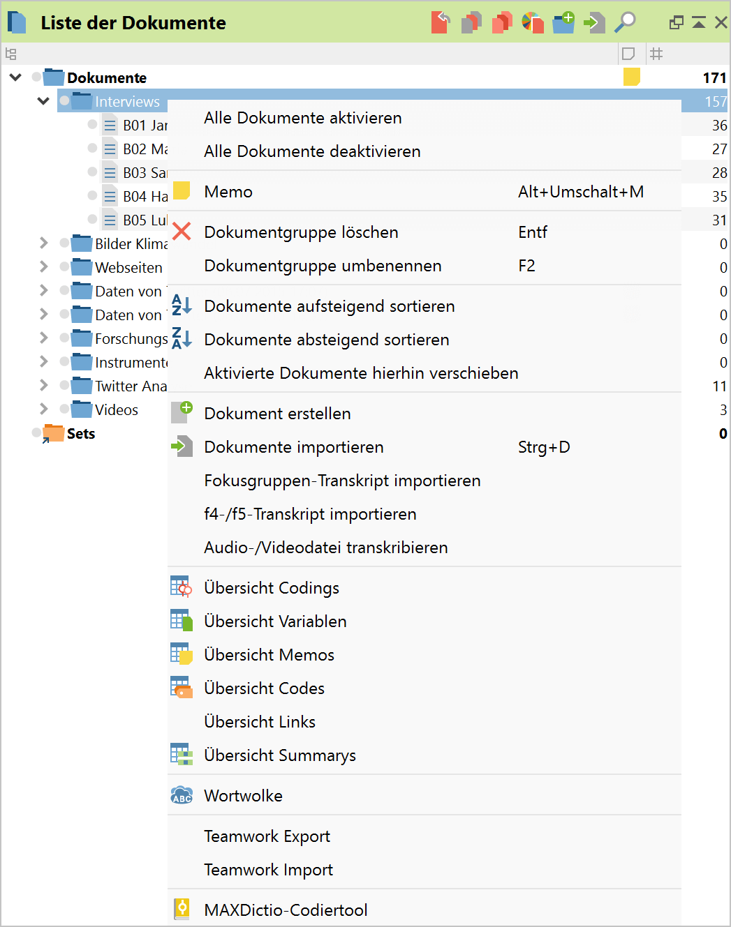 Kontextmenü der mittleren Ebene (Dokumentgruppe) im Fenster „Liste der Dokumente“ Kontextmenü der mittleren Ebene (Dokumentgruppe) im Fenster „Liste der Dokumente“