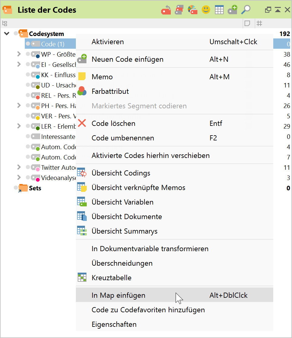 Einfügen eines Elements in MAXMaps über das Kontextmenü in MAXQDA Einfügen eines Elements in MAXMaps über das Kontextmenü in MAXQDA
