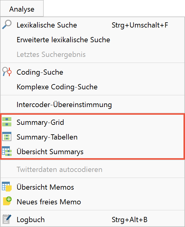 Menüpunkt „Summarys“ Menüpunkt „Summarys“