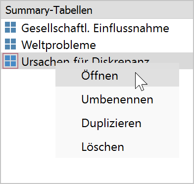 Kontextmenü auf einem Tabellen-Namen Kontextmenü auf einem Tabellen-Namen