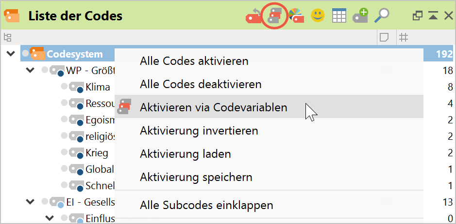 „Logische Aktivierung“ für die Codes aufrufen „Logische Aktivierung“ für die Codes aufrufen