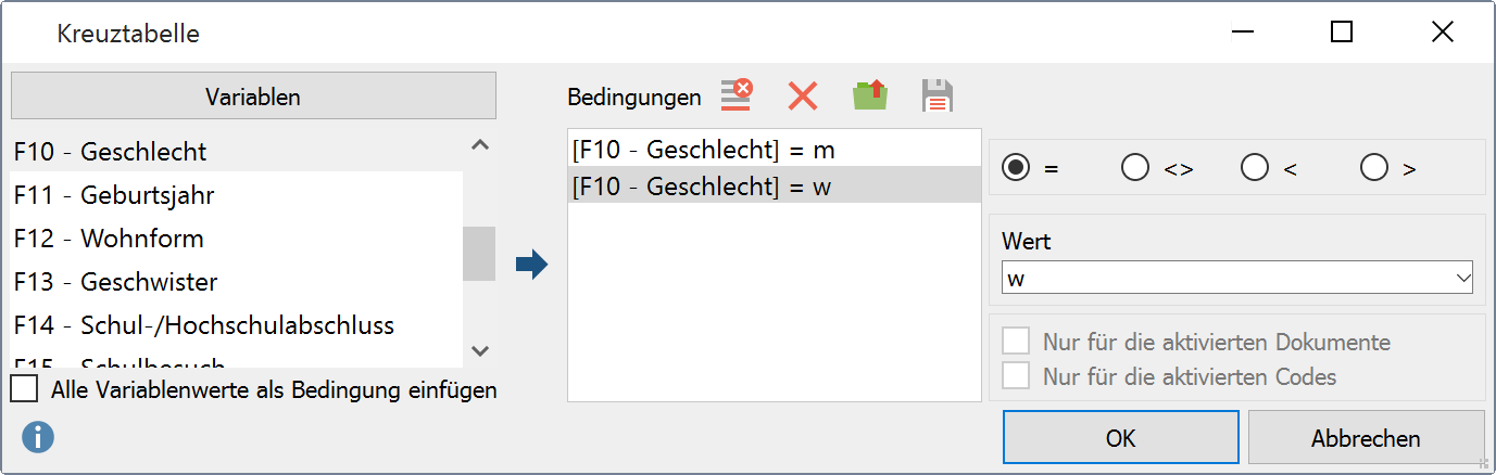 Dialogfenster „Kreuztabelle“ Dialogfenster „Kreuztabelle“