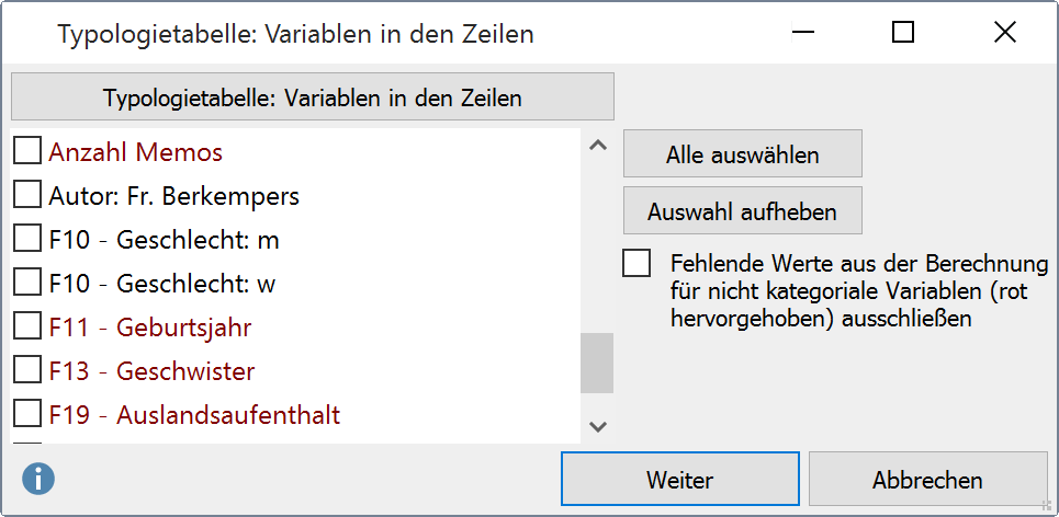 Variablen in den Zeilen für die Typologietabelle auswählen Variablen in den Zeilen für die Typologietabelle auswählen