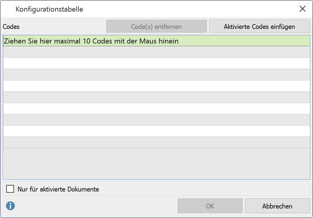 Codes für die Konfigurationstabelle auswählen Codes für die Konfigurationstabelle auswählen