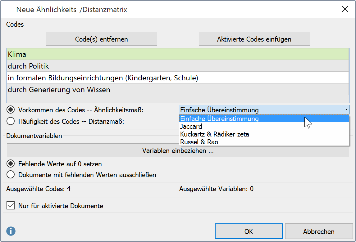Optionen für die Analyse festlegen Optionen für die Ähnlichkeitsanalyse festlegen