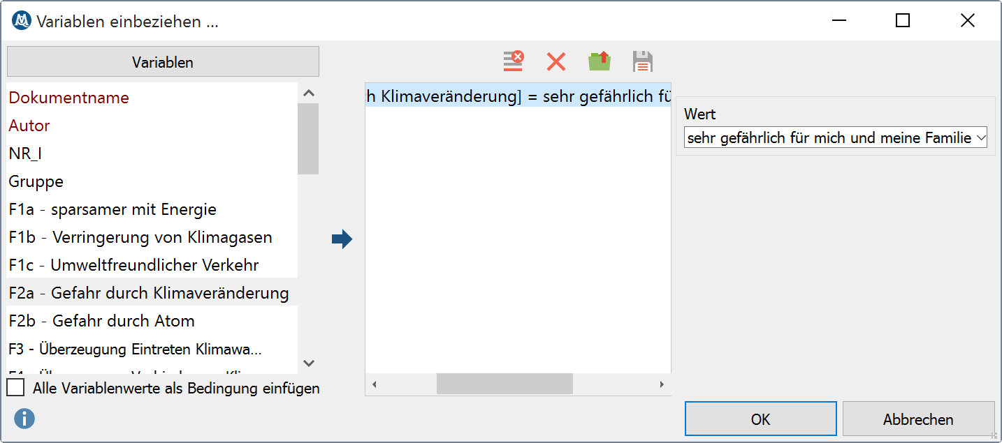Variablenwerte auswählen bei der Analyseart „Vorkommen des Codes“
