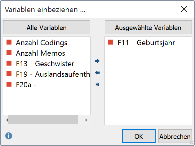 Variablenwerte auswählen bei der Analyseart „Häufigkeit des Codes“