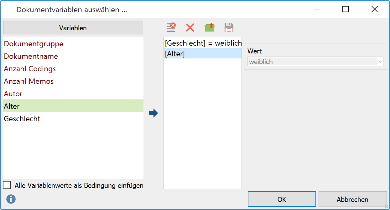Dokumentvariablen für das Joint Display „Statistik für qualitative Gruppen“ auswählen Dokumentvariablen für das Joint Display „Statistik für qualitative Gruppen“ auswählen