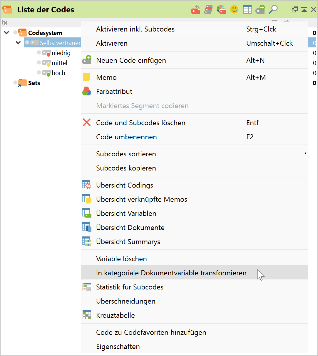 Aufruf der Funktion „in kategoriale Variablen transformieren“ aus dem Kontextmenü Aufruf der Funktion „in kategoriale Variablen transformieren“ aus dem Kontextmenü