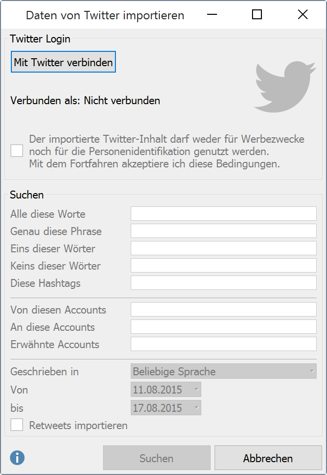 Dialog für den Twitter-Import Dialog für den Twitter-Import