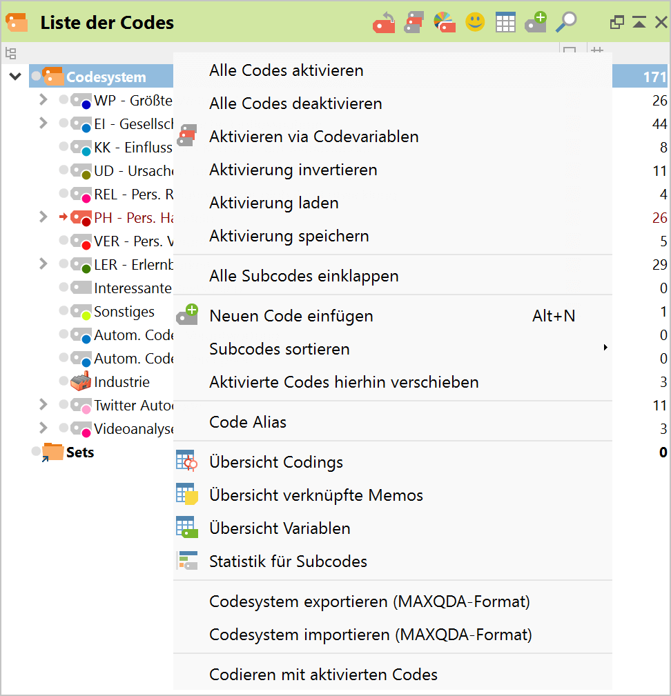 Kontextmenü der obersten Ebene im Fenster „Liste der Codes“ Kontextmenü der obersten Ebene im Fenster „Liste der Codes“