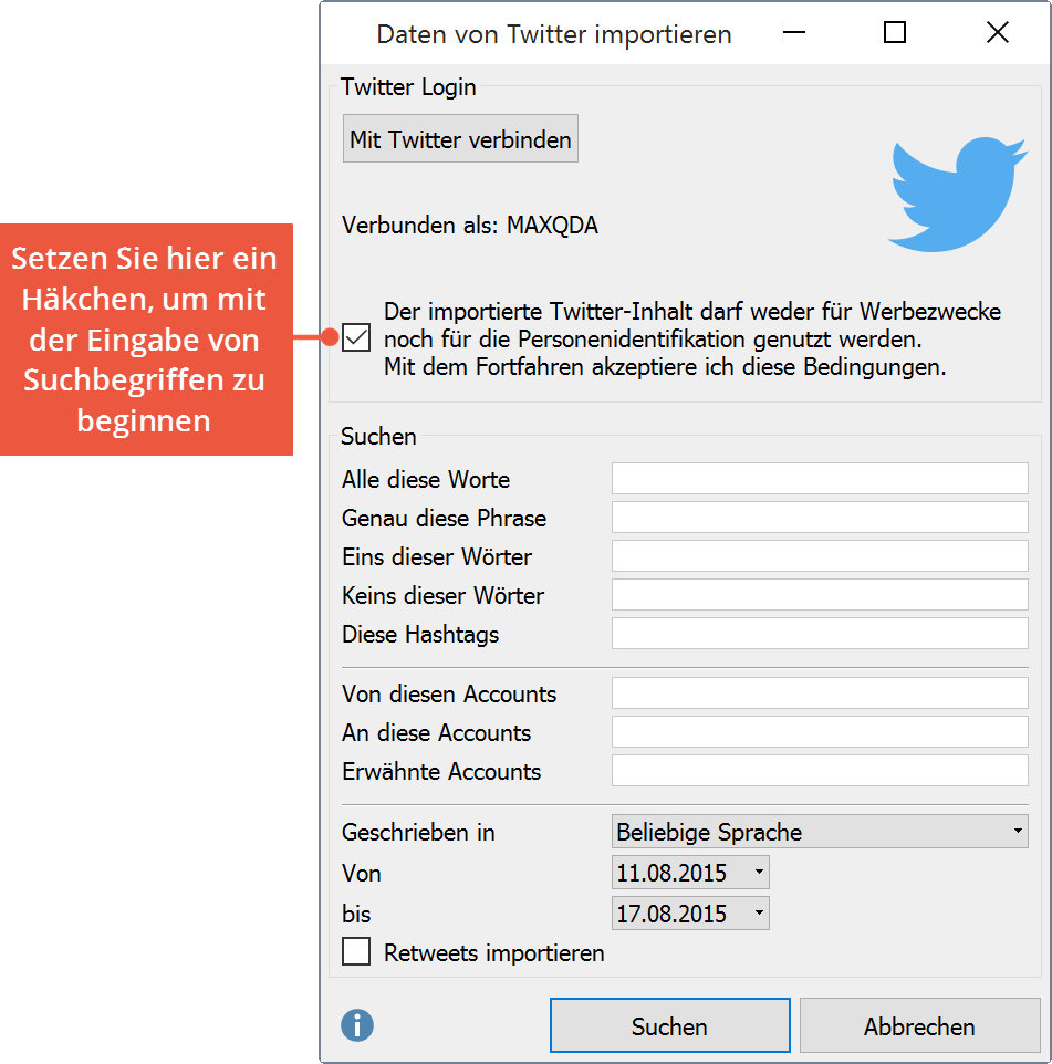 Suchmaske für den Twitter-Import Suchmaske für den Twitter-Import