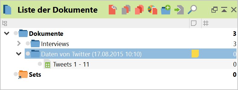 Tabellen-Dokument mit Twitter-Daten in der „Liste der Dokumente“ Tabellen-Dokument mit Twitter-Daten in der „Liste der Dokumente“