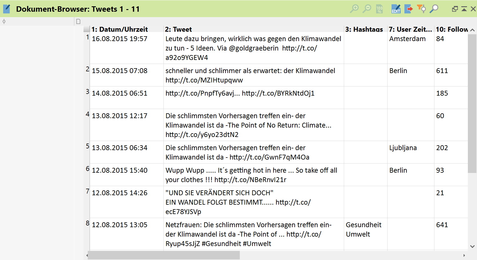 Tabellendokument mit Twitterdaten im „Dokument-Browser“ Tabellendokument mit Twitterdaten im „Dokument-Browser“