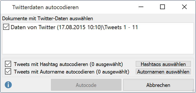 Dialog „Twitterdaten autocodieren“ Dialog „Twitterdaten autocodieren“