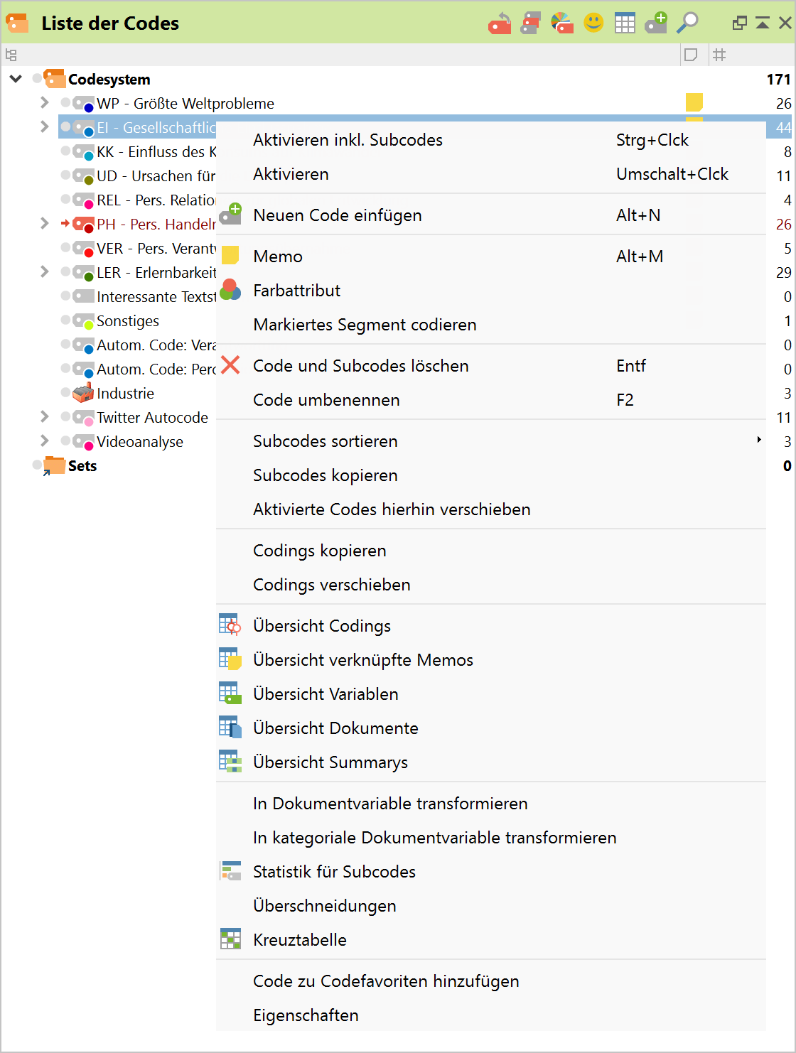 Kontextmenü auf der Ebene der Codes Kontextmenü auf der Ebene der Codes