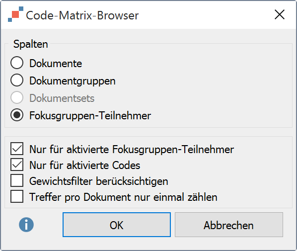 Optionen beim Aufruf des Code-Matrix-Browsers Optionen beim Aufruf des Code-Matrix-Browsers