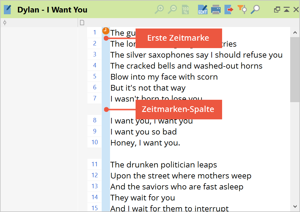 Importiertes Transkript mit zugeordneter Media-Datei im „Dokument-Browser“ Importiertes Transkript mit zugeordneter Media-Datei im „Dokument-Browser“