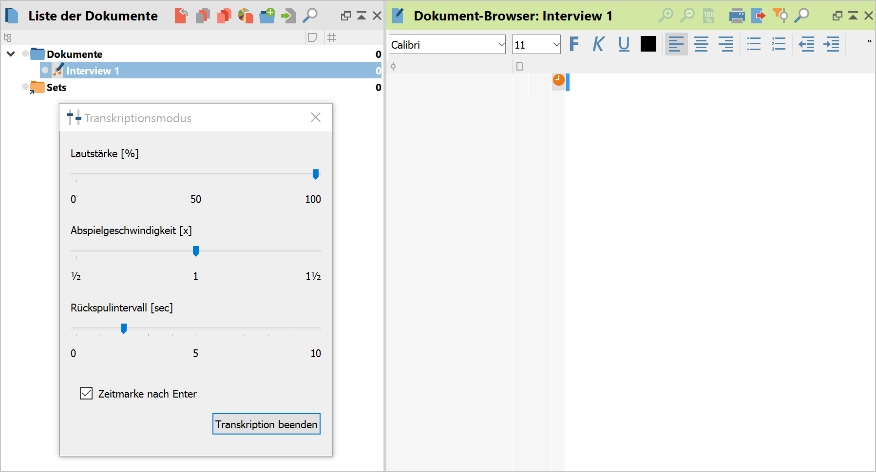 Leeres Transkript und das Fenster „Transkriptionsmodus“