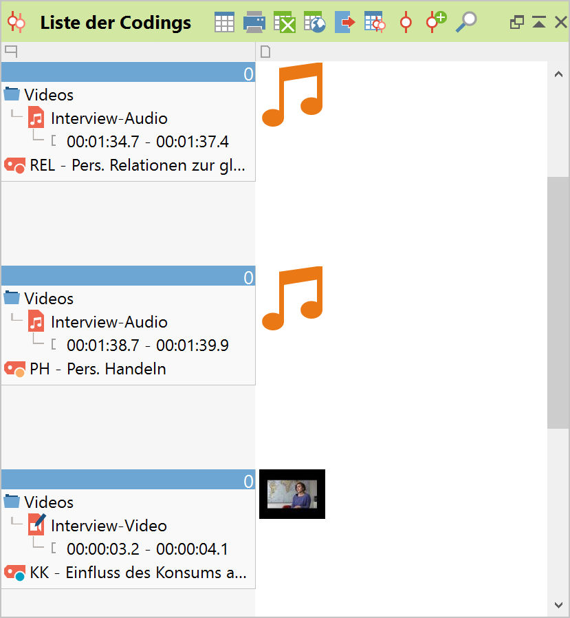 Audio- und Videoclip in der „Liste der Codings“ Audio- und Videoclip in der „Liste der Codings“
