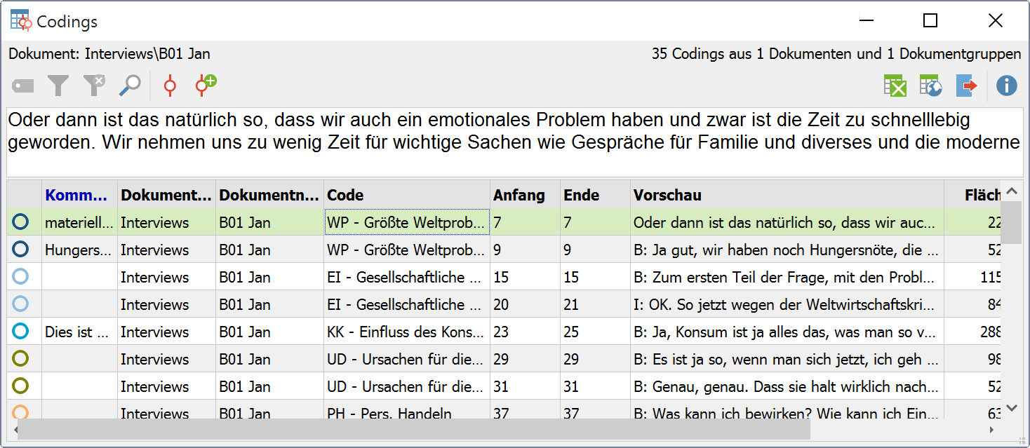 Segmentliste mithilfe der Funktion „Übersicht Codings“ Segmentliste mithilfe der Funktion „Übersicht Codings“