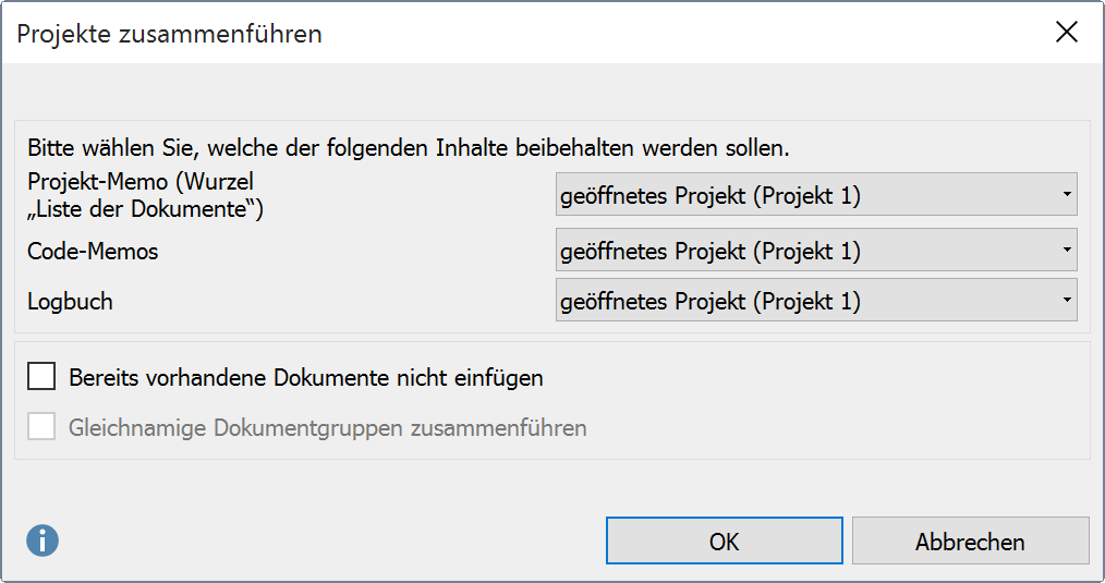Optionen beim Zusammenführen von Projekten Optionen beim Zusammenführen von Projekten