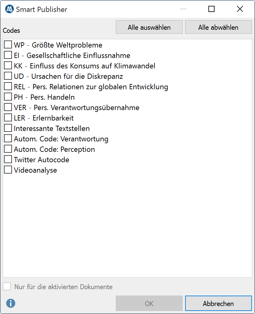 Auswahl eines Obercodes für den Smart Publisher Auswahl eines Obercodes für den Smart Publisher