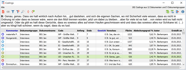 Zweigeteilte „Übersicht Codings“ Zweigeteilte „Übersicht Codings“