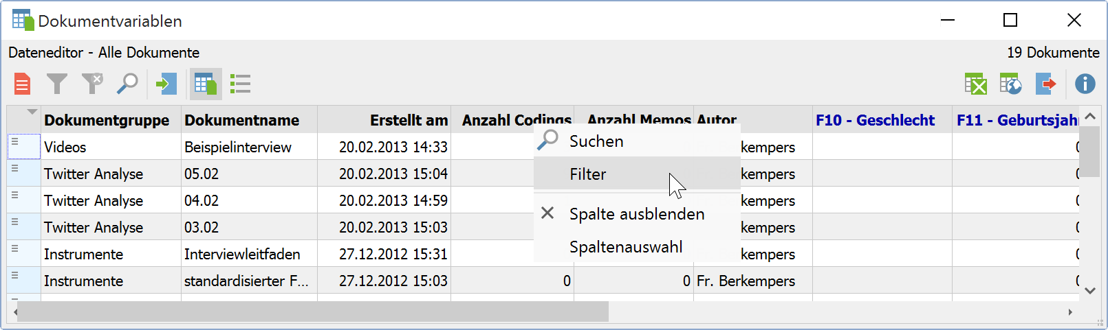 Filter für Spalte setzen Filter für Spalte setzen