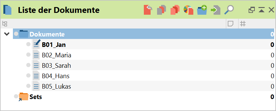 Anzeige von fünf Dokumenten in der „Liste der Dokumente“ nach dem Import Anzeige von fünf Dokumenten in der „Liste der Dokumente“ nach dem Import