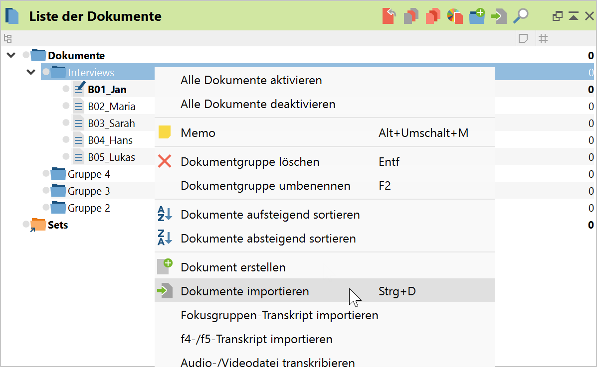 Dokument einfügen mit Hilfe des Kontextmenüs einer Dokumentgruppe Dokument einfügen mit Hilfe des Kontextmenüs einer Dokumentgruppe