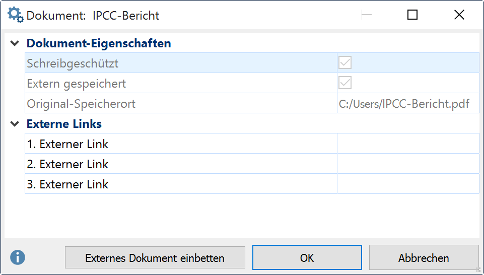 Eigenschaftsfenster für Dokumente Eigenschaftsfenster für Dokumente