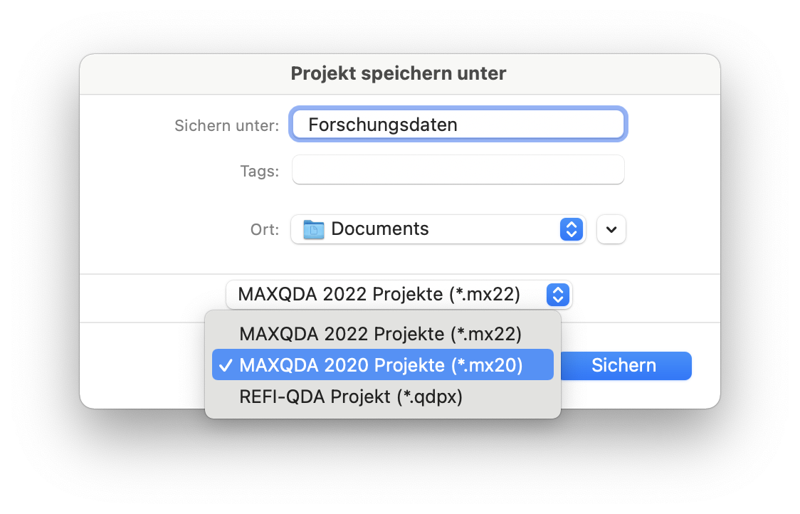 Aktuelles Projekt als MAXQDA-2020-Projekt speichern