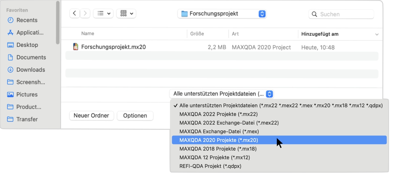Eine vorhandene Projektdatei öffnen, die mit einer älteren MAXQDA-Version erstellt wurde