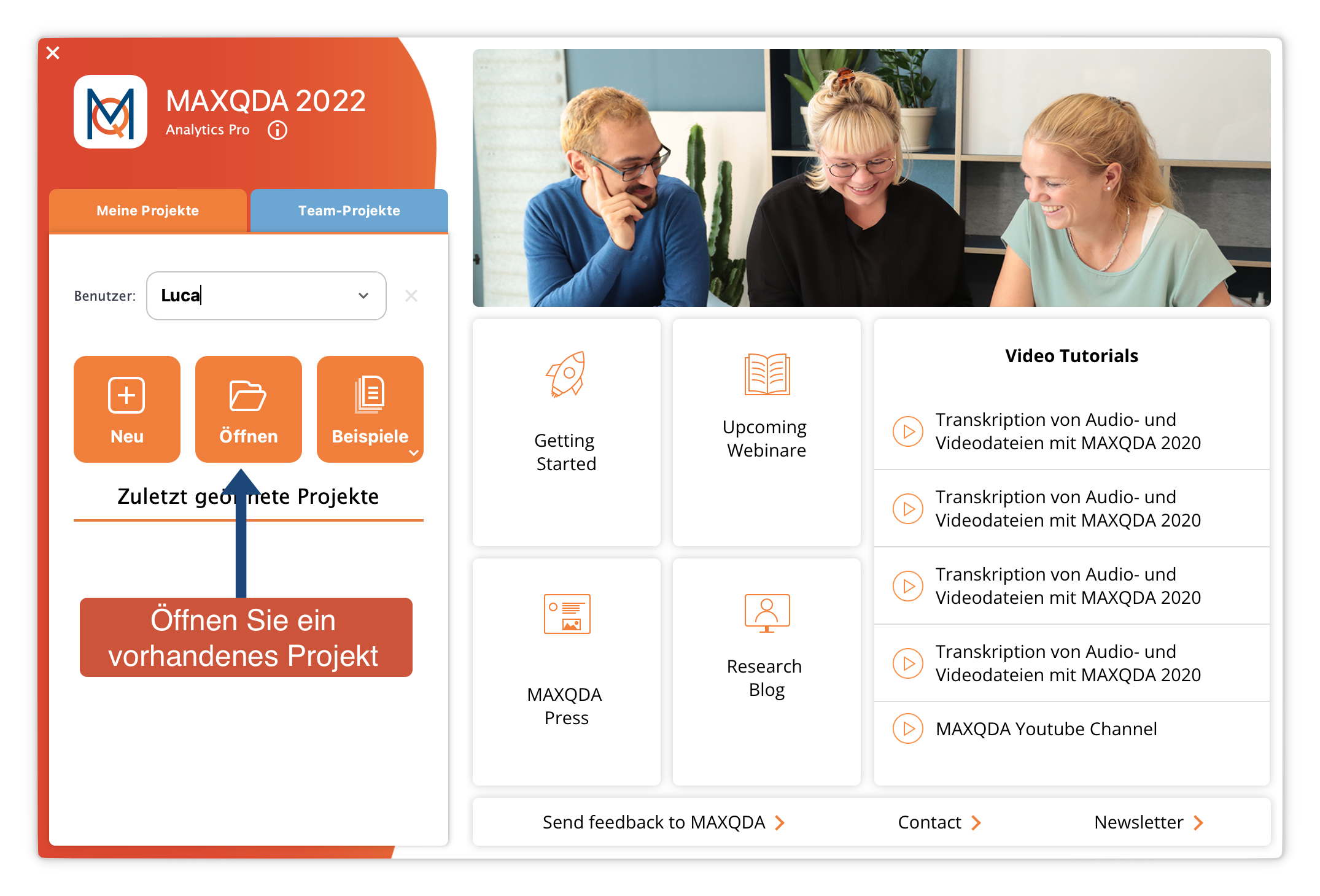 Ein vorhandenes Projekt im Startdialog öffnen