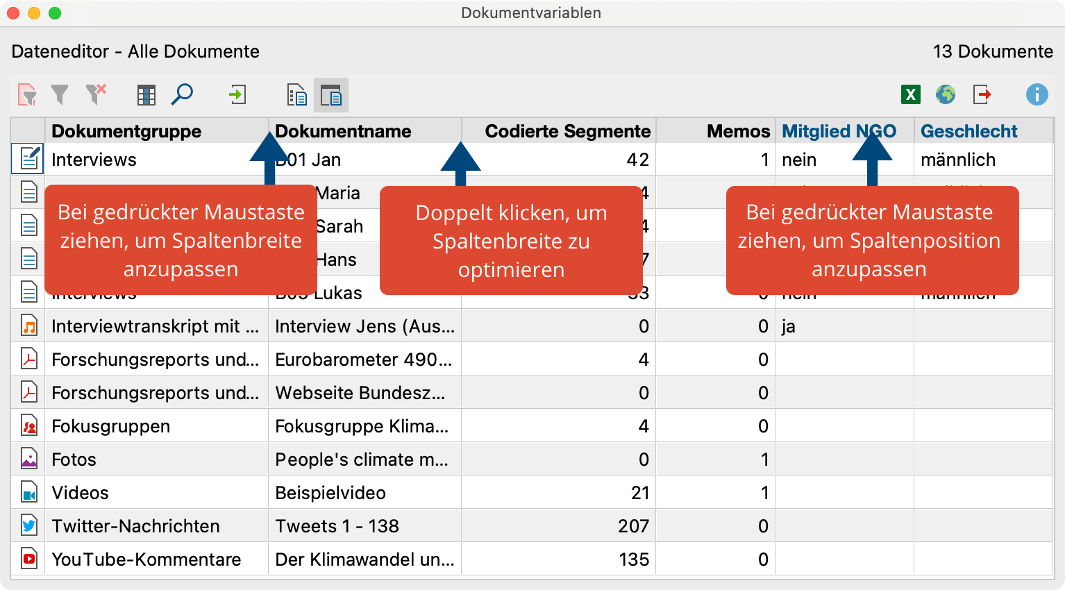 Spaltenbreite und Spaltenpositionen anpassen