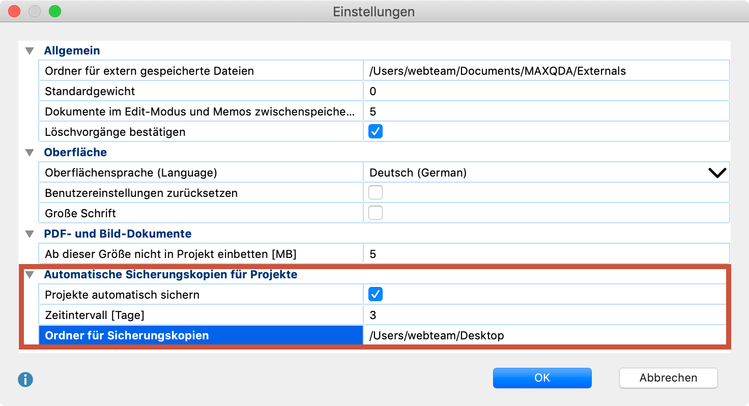 Einstellungen für die automatische Sicherung von Projekten festlegen Einstellungen für die automatische Sicherung von Projekten festlegen