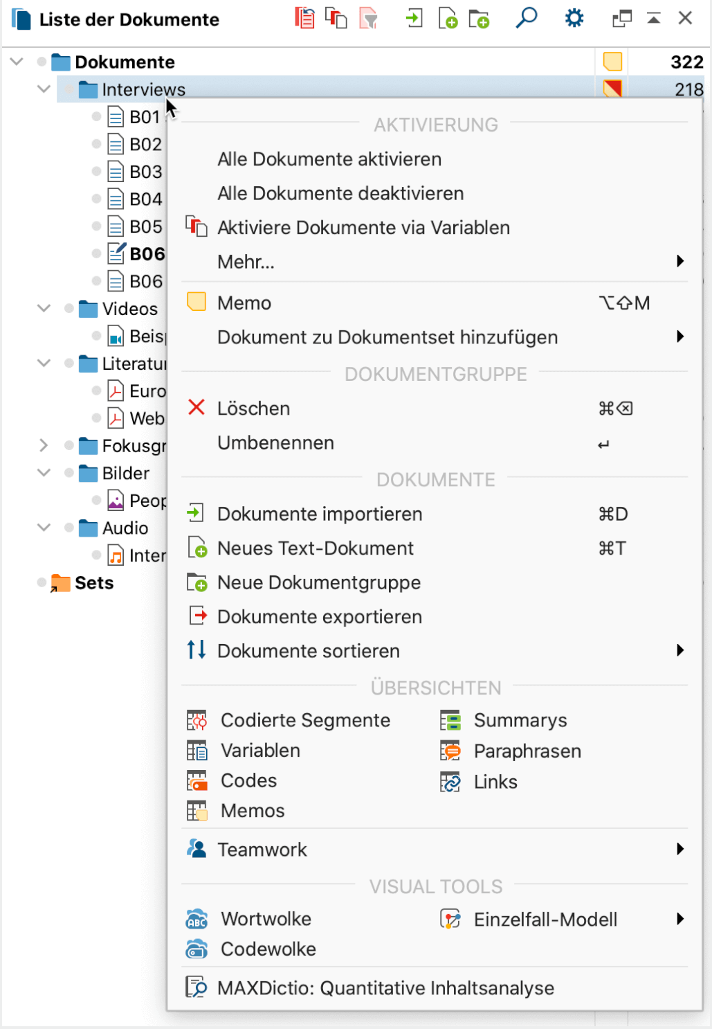 Kontextmenü der mittleren Ebene im Fenster „Liste der Dokumente“
