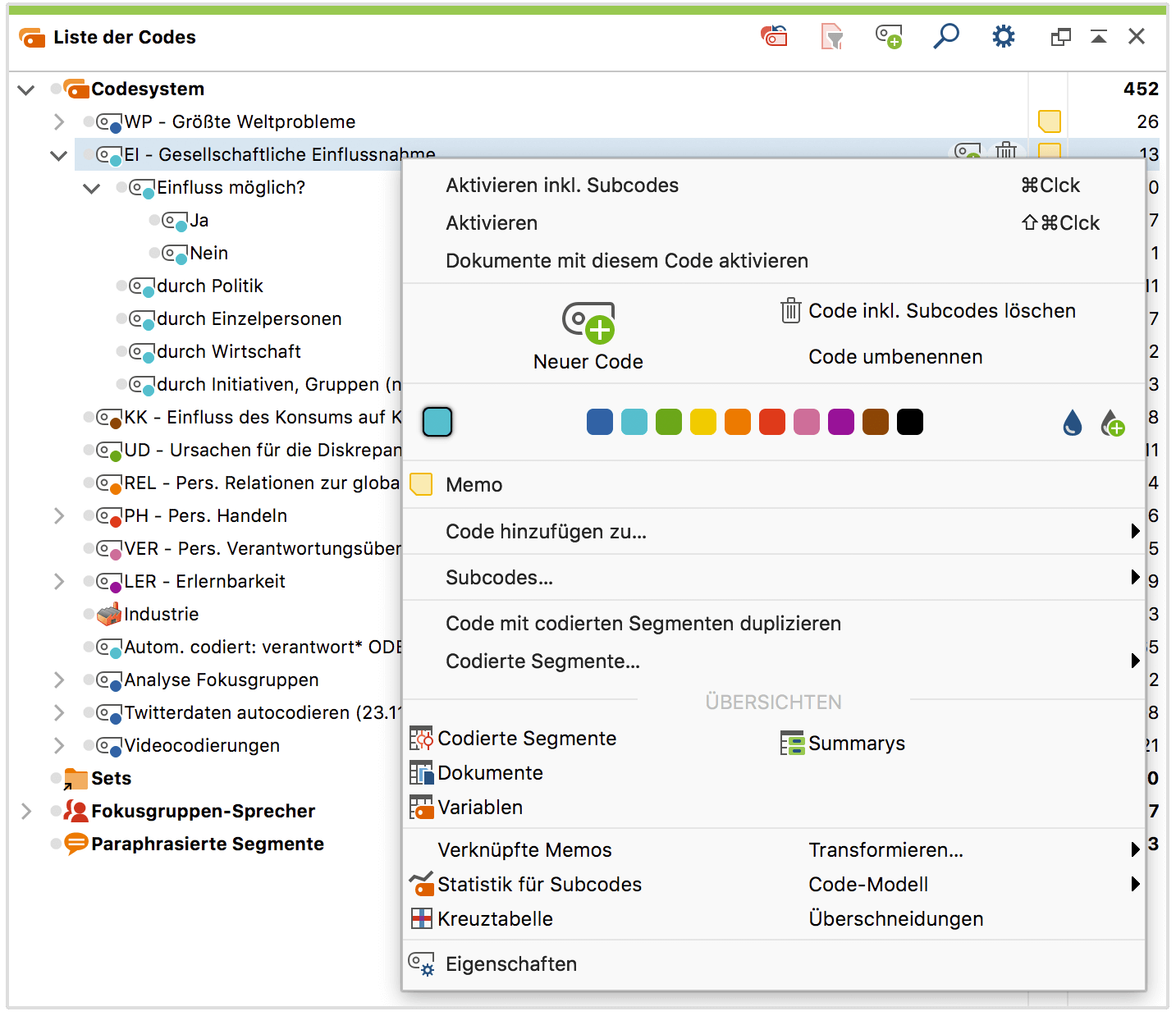 Kontextmenü auf der Ebene der Codes