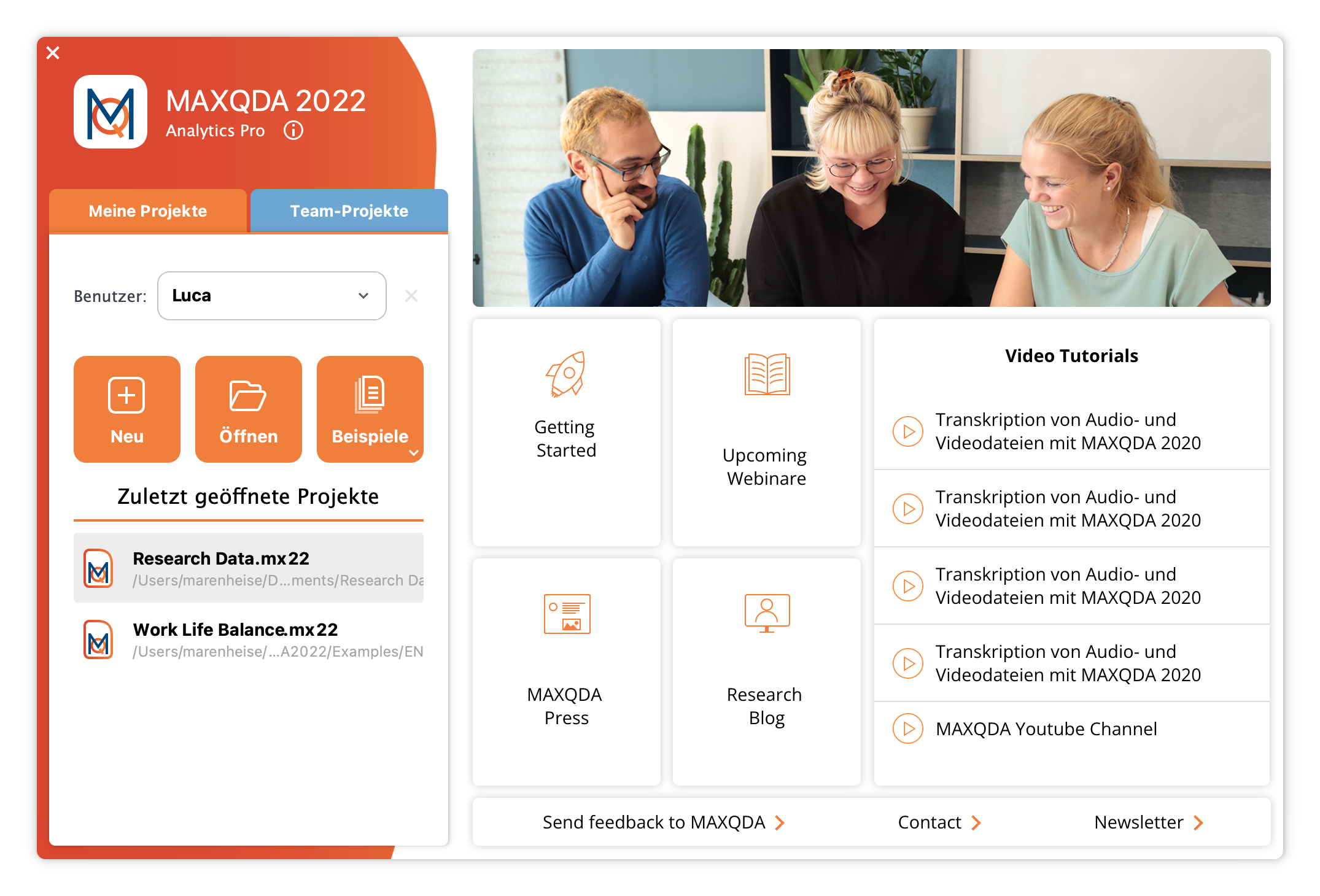 Start- und Anmeldefenster von MAXQDA Start- und Anmeldefenster von MAXQDA