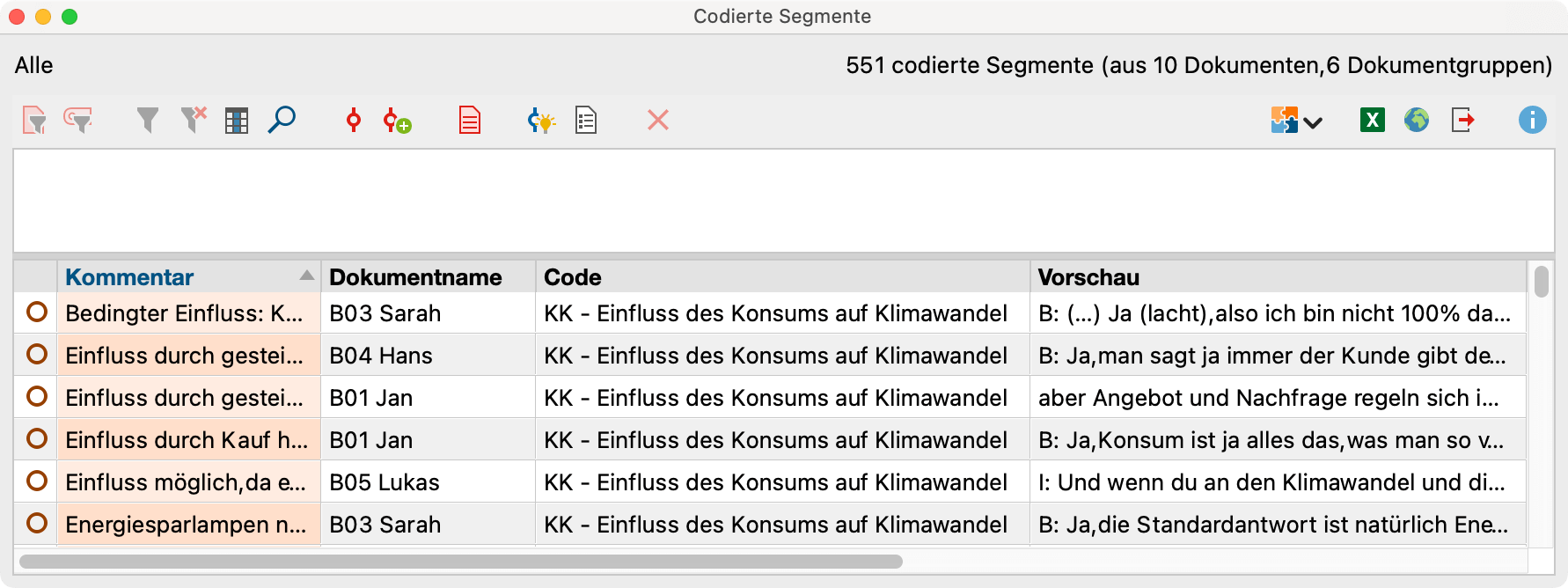 Zweigeteilte „Übersicht codierte Segmente“