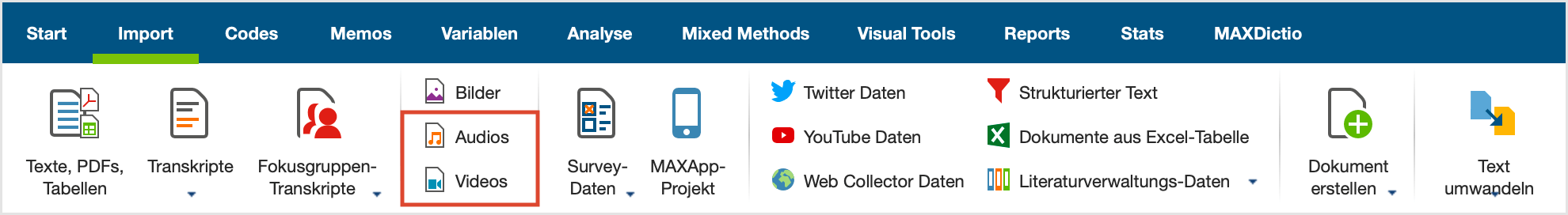 Datenimport starten über den Tab „Import“ Datenimport starten über den Tab „Import“